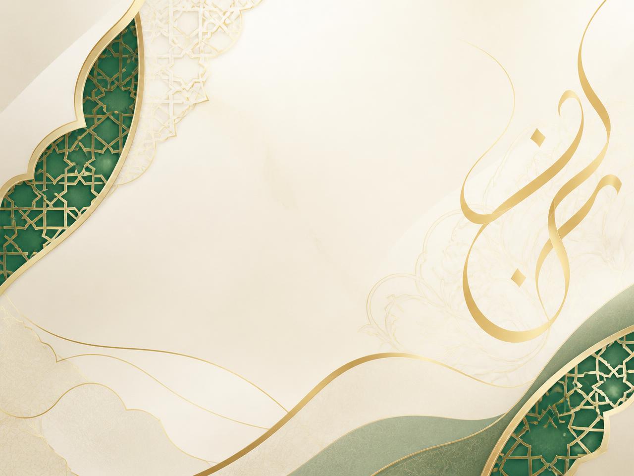 Golden Arabic calligraphy and emerald arabesque patterns